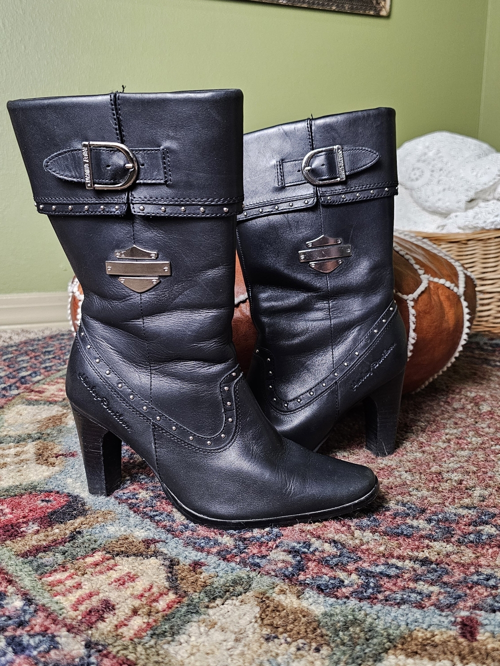 Harley-Davidson Sami D85087 Black Leather Studded Heeled Biker Boots Size 6